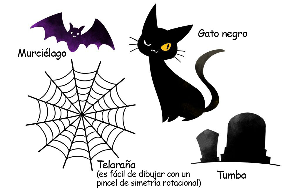 Diseños fáciles para dibujar en Halloween:

Murciélago
Gato negro
Telaraña
Tumba